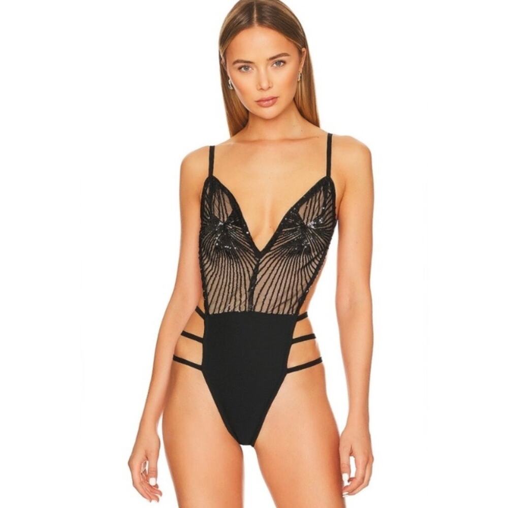 New Superdown Lucinda Cut Out Bodysuit Black Sequins Women's S
